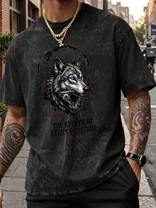 Made Of Washed Pure, Featuring A Loose Fit And Half Sleeves. It Showcases A  Double-Sided Print Of A Blue-Eyed Wolf Head And Key Design - Black - View 1