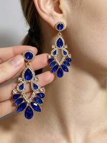 1對誇張個性化水鑽鏤空水滴流蘇耳環，優雅派對穿搭女款耳環，送給她的禮物 - 藍色 - 查看 6