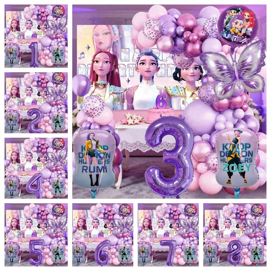 KPop Demon Hunters Arco de globos de mariposa morada, set de globos de papel de aluminio con tema de chica cool, set de decoración de globos para cumpleaños en vivo, globo de número de papel de aluminio de chica musical, suministros para fiesta de cumpleaños infantil, set de decoración de regalo - Juego de globos - Ver 1