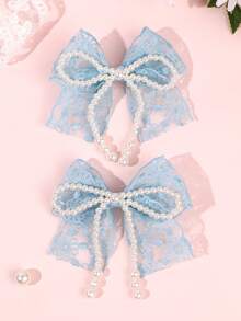 2pcs Blue Lace Bow Flower Hair Clips With Pearls, Alligator Clips, Elegant Fashion Hair Accessories For Girls, Teens, Party, Vacation, Gift - Blue - View 9