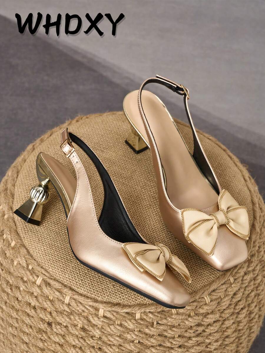 WHDXY French Luxury Champagne Bow Backless Slingback Pumps With Asymmetric Mid Heel, Suitable For Commuting And Dating - Rose Gold - View 1