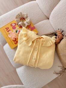 Women's French Style Ruffle Collar Knit Blouse, Long Puff Sleeve Button Drawstring Casual Top, Soft Solid Color Autumn Daily Wear - Yellow - View 5