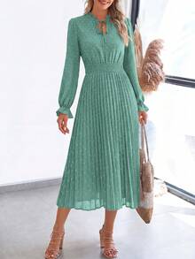 PRETTYGARDEN Women's Spring Fall Midi Dress Casual Long Sleeve V Neck Swiss Dot Pleated A Line Flowy Dresses New Years Party Valentine Vacation Dresses For Women - 綠色 - 查看 5