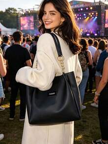 Large Capacity Chain Strap Tote Bag, Women's Minimalist PU Leather Shoulder Bag, Solid Color Commute & Daily Handbag - Black - View 1