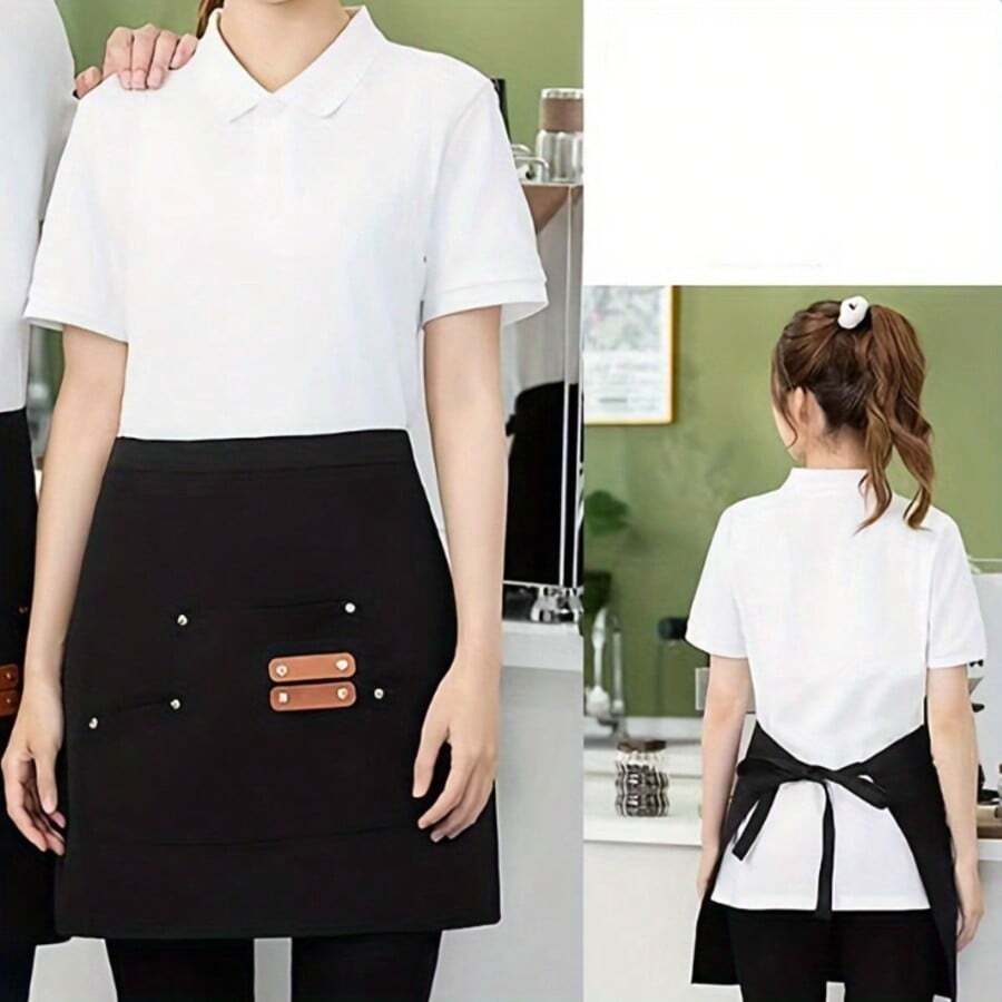 Restaurant Server Canvas Half Apron, Short Waiter Apron With Portable Pockets, Comfortable Tea House Work Apron, Dyeing Stylist Uniform, Home Apron - Solid Color - Multicolor - View 1