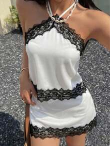 junto de Top Camisola de Encaje Ajustado Elegante Casual y Minifalda para Mujer, Conjunto de Camisola de Encaje con Parches Rosa para Mujer en Verano, Adecuado para Playa, Fiesta, Vacaciones - Blanco - Ver 1