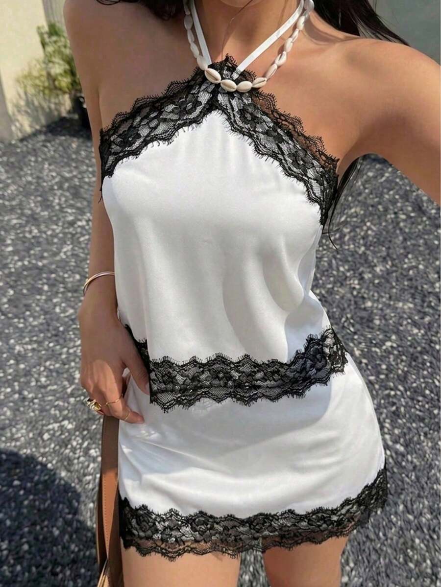 junto de Top Camisola de Encaje Ajustado Elegante Casual y Minifalda para Mujer, Conjunto de Camisola de Encaje con Parches Rosa para Mujer en Verano, Adecuado para Playa, Fiesta, Vacaciones - Blanco - Ver 1