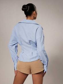 Camisa casual de mujer con botones y cintura ceñida a rayas, otoño - Rosa - Ver 3