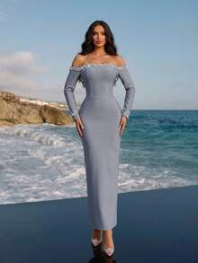 Sexy Long Gown Sleeve Off-Shoulder Heavy Pearl & Rhinestone Embellished Fitted Long Bandage Elegant Wedding Bridesmaid Birthday Party Prom Formal Fall - Grey - View 6