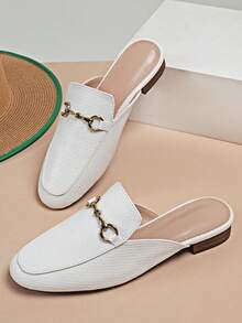 Fall/Winter Metal Decor Snakeskin Flat Mules, White Elegant Pure Metallic Snake Print Mule Heels - White - View 3