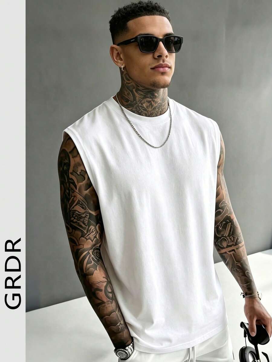 GRDR Men's Summer Casual Loose All-Match Solid Color Versatile Round Neck Tank Top - White - View 1