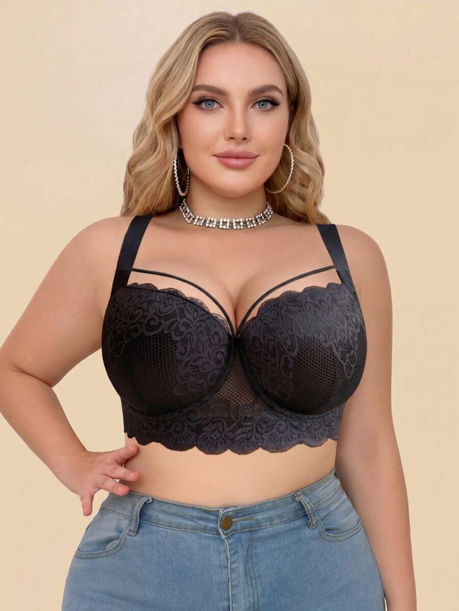 MIMILEMON Plus Size Comfortable Lace Underwire Bra - Wide Straps, Lift, Side Support, Full Coverage Design, Suitable For All-Day Wear, And Effectively Controls Side Bust. - Black - View 1