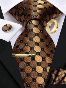 5PCS Men's Premium Necktie Set With Tie Clip, Brooch Refined Formal Accessories For Grand Galas, Dinner Events And Celebration Gift - Gold - View 1