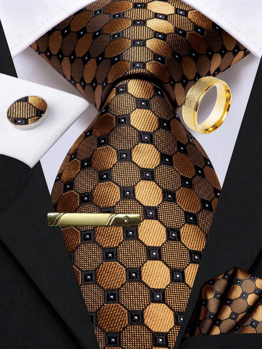 5PCS Men's Premium Necktie Set With Tie Clip, Brooch Refined Formal Accessories For Grand Galas, Dinner Events And Celebration Gift - Gold - View 1
