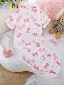 2 Stücke/Set Mädchen lässig Schmetterling Muster Polokragen Kurzarm Cardigan und Shorts Pyjama Set, Flammhemmend, Ganzjährig - Weiss - Übersicht 2