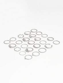 25PCS INS Style Rhinestone Heart Twisted Asymmetrical Thin Ring Set, Heart Rhinestone Braided Wave Rings For Women - Silver - View 5