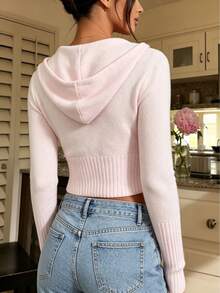 Women's Pink Knitted Short Zip-Up Hoodie Long Sleeve Sweater, Essential Casual Wear For Spring. - Pink - View 7