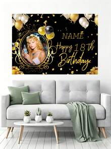 1pc Customizable Photo, Name, Year Black & Gold Balloon "Happy Birthday" Backdrop, Gold Gift Box, Personalized Design, Birthday, Bride, Gift Giving, Scene Decor, Vinyl Graphic Print Photography Prop,Party Top, Personalized Birthday - Multicolor - View 6