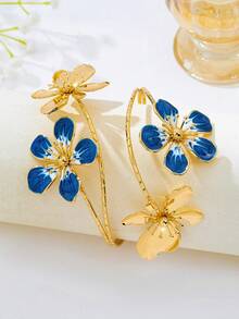1 pieza Brazalete de puño abierto con flor de esmalte goteante exagerado vintage elegante para mujer, adecuado para playa, vacaciones, fiesta, banquete y uso diario - Azul - View 4