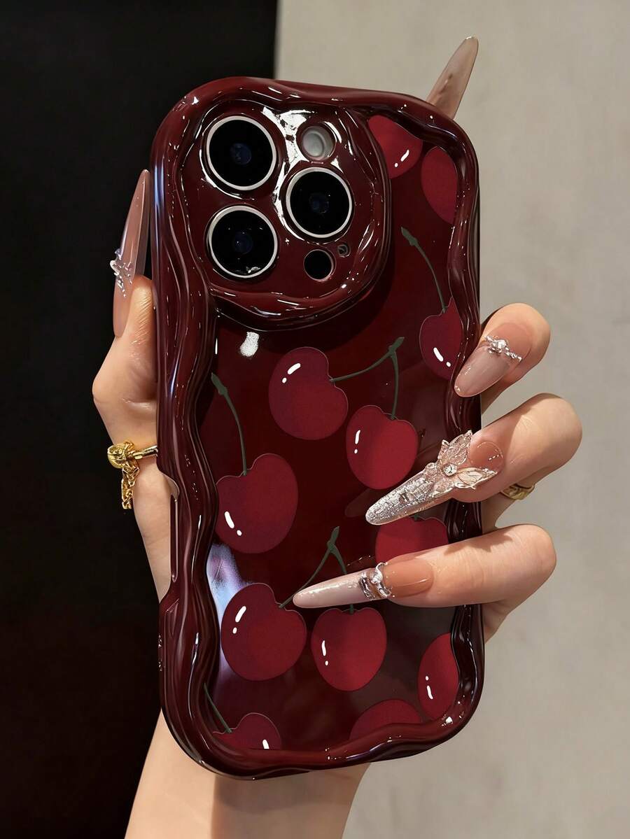 櫻桃彩繪平面印花酒紅彩繪奶油紋理彩繪軟殼 適用於 IP17/IP17PROMAX/Iphone16//Iphone16pro/Iphone16promax/Iphone15/ XR /7p8p/P12promax/P13promax/P14PROMAX /P13/P14/P11/P12/P14 女款柔軟防摔 XS/S/XSMAX/78GES2/可愛時尚厚手機殼保護套 - 彩色 - 查看 1