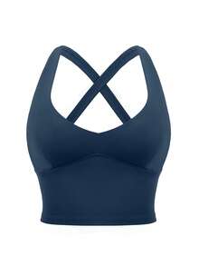 TimeOff Women's One Set Solid Color Built-In Padded Cropped Tank Top With Side Pockets And Pleated Waist Wide Leg Mid-Length Pants Sports Set - Blue - View 7