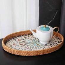 3 Peças/1 Peça Bandeja de Frutas Tecida à Mão - Prato de Decoração Doméstica em Formato Oval, Design com Incrustação de Conchas Coloridas e Borda Tecida, Armazenamento Empilhável para Pão, Frutas, Lanches ou Itens Pequenos, Velas, Etc., Bandeja de Armazenamento Multiuso Premium para Casa/Cozinha/Sala de Jantar, Bandeja de Servir. Material Tecido Durável, Decoração de Conchas (Sem Contato com Alimentos) - colorido - Visão 8