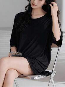 2pcs/Set Women's Pajamas Homewear Set, Lace Patchwork Solid Color Short Sleeve Shorts, Comfortable For Home, Easy Care Fabric - Black - View 4