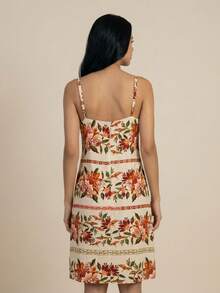Short Dress With Zipper In The Back, Printed Summer Design. - Mocha Brown - View 3