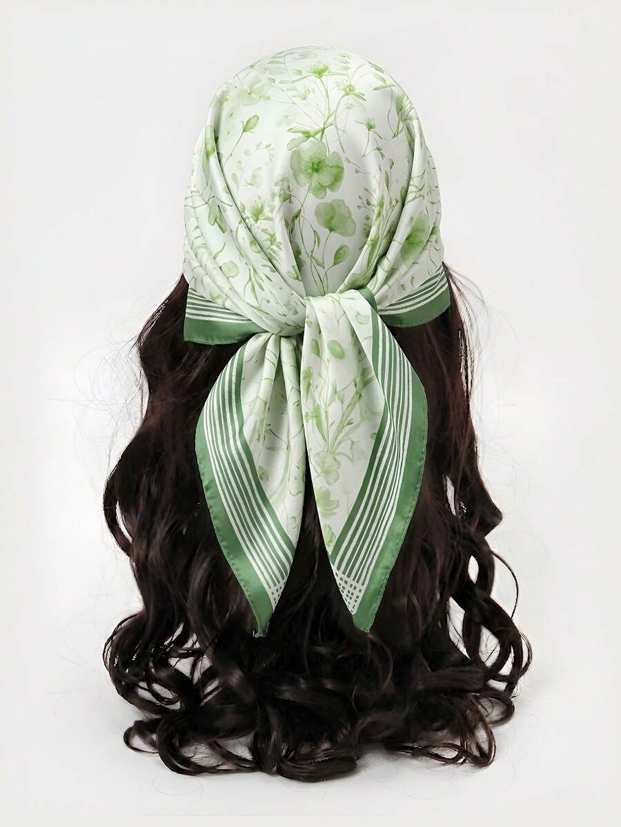 1 buah Syal Persegi Poliester Motif Bunga Kasual 70cm, Cocok untuk Dekorasi Sepanjang Musim - #2 Hijau - View 1