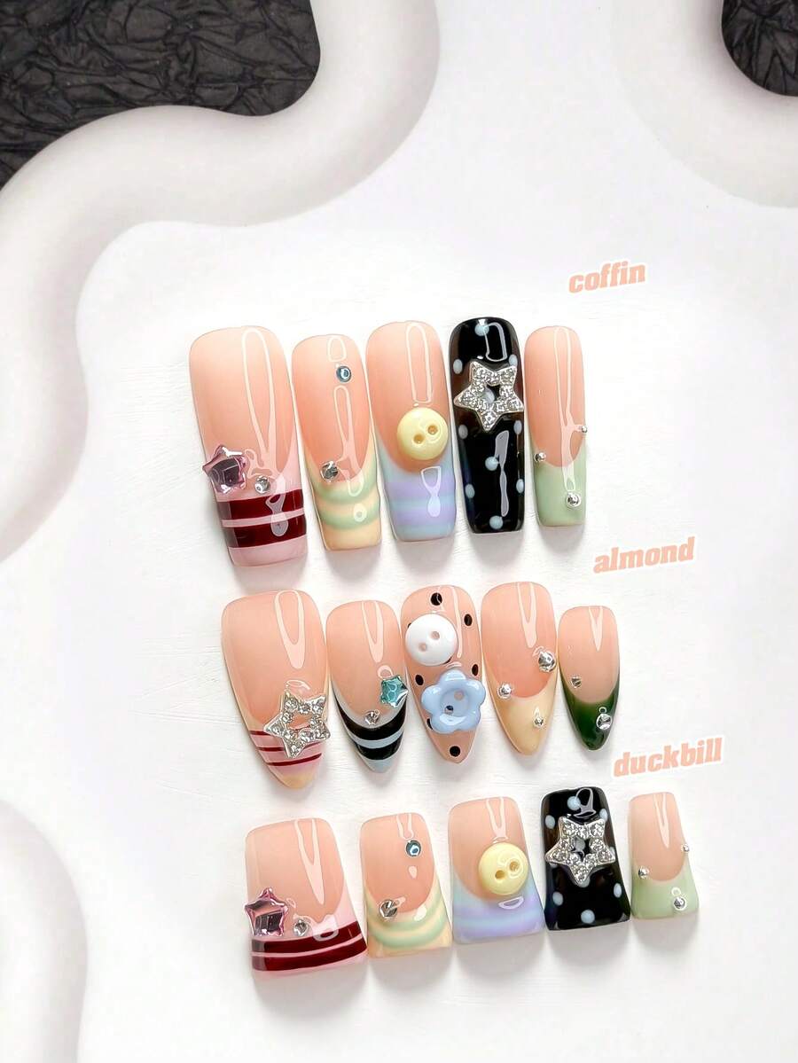 10pcs/Set Playful & Cute Handmade Press-On Nails, Poly Gel Nail Set, Star & Button Decor, Striped & Polka Dot, Yellow/Blue/Pink/Green Nail Polish Colors, Casual Style, Includes Nail Tools, 3 Sizes Available, Almond/Duck/Coffin Shape, Suitable For Party, Dancing, Daily Wear - 彩色 - 查看 1