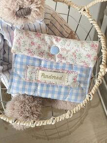 Un sac de rangement à carreaux roses et bleus frais et minimaliste à la mode avec motif floral, sac de serviettes hygiéniques portable de haute qualité, convient aux étudiants pour les sorties - Multicolore - Voir 10