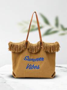 Large Capacity Canvas Tote Bag With Embroidered Letter Handbag For Women, Beach Vacation Bag - Khaki - View 3
