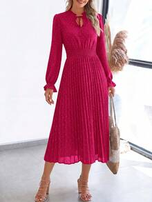 PRETTYGARDEN Women's Spring Fall Midi Dress Casual Long Sleeve V Neck Swiss Dot Pleated A Line Flowy Dresses New Years Party Valentine Vacation Dresses For Women - 玫紅色 - 查看 5