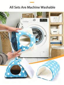 2pcs Blue Star Pattern Hamster Bed, Guinea Pig Tunnel, Rabbit Hideout, Washable Small Pet Warm Nest With Guinea Pig Tunnel, Rabbit Hideout Cage Accessories Set, Suitable For Hamsters, Ferrets, Rabbits - Baby Blue - View 9