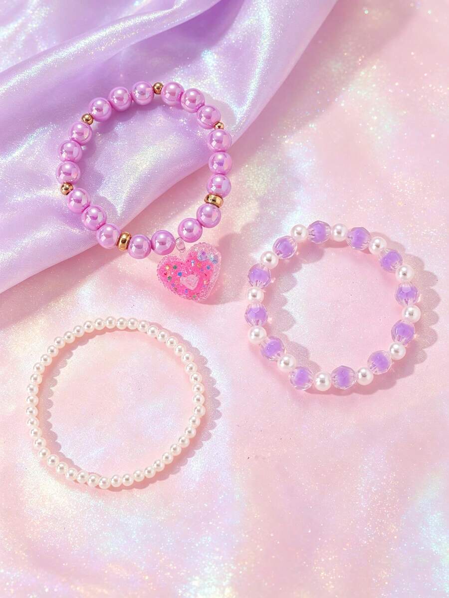 3pcs/Set Girls Colorful Beads Beaded Heart Bracelet Set Combination Suitable For Daily Decoration - Multicolor - View 1