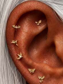 EleRunis 1pc 925 Sterling Silver Ocean Animal Flat Back Labret Earring, Shell Helix/Cartilage/Conch Spiral Piercing Stud, Punk Style Delicate Jewelry, Suitable For Daily Wear And Party - Gold - View 3