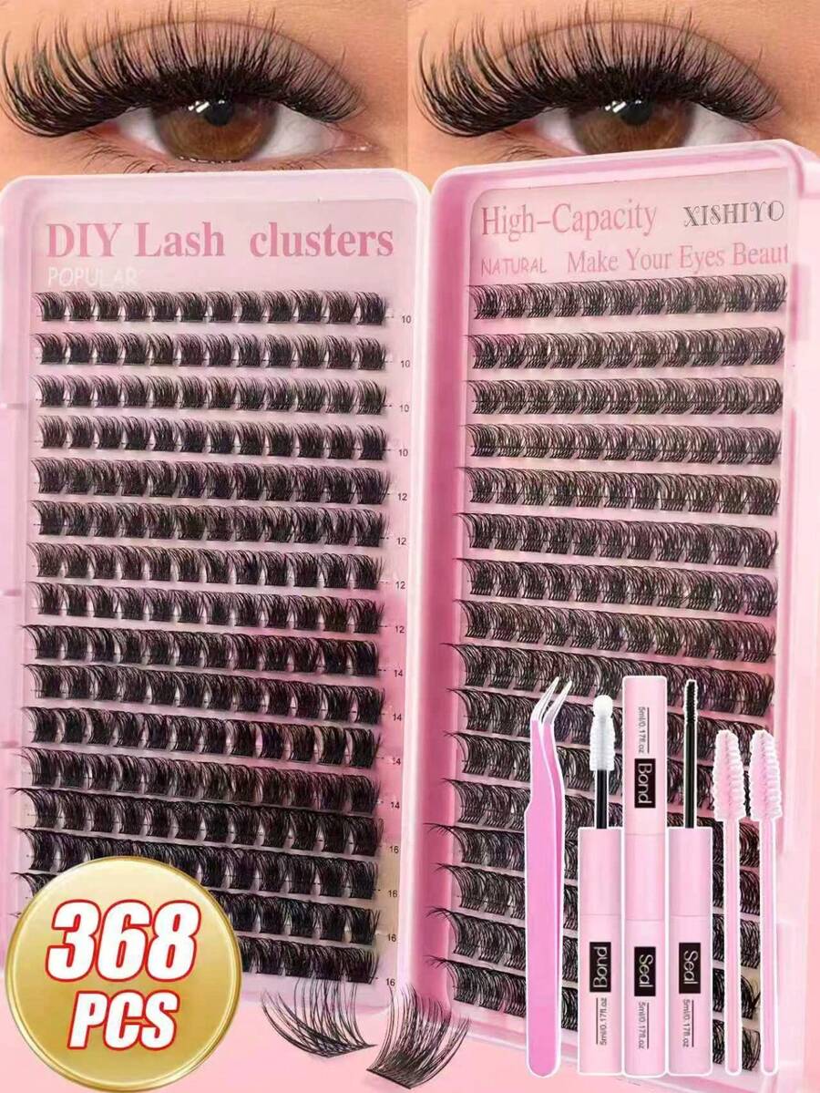 368片單根接睫毛，睫毛書，簇裝假睫毛，DIY居家接睫毛，簇裝假睫毛，單根接睫毛，假睫毛，自然款對比豐盈款睫毛，睫毛簇裝套組，蓬鬆豐盈接睫毛套組，3D纖細自然DIY接睫毛套組，包含384根單根睫毛，睫毛膠水與密封劑，鑷子，睫毛刷，適合初學者，可重複使用，適合日常佩戴、節日、表演及其他場合