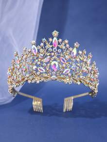 KOVLYNE 1Pc Luxury Gold Aurora Crystal Tiara Crown For Women, Iridescent Rhinestone Princess Headpiece For Wedding, Prom, Birthday & Pageant - Multicolor - View 3