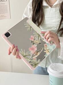 精緻可愛卡通動漫椰子樹海龜花卉印花鏡面彩繪壓克力透明水晶背蓋，防震，相容 iPad 7代、8代 (10.2 吋)、10代，內建筆槽，支援睡眠/喚醒功能，理想禮物選擇 - 彩色 - 查看 2