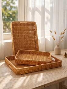 1/2/3pcs Vintage Handwoven Rattan Tray With Handles, Multi-Functional Decorative Basket, Suitable For Bread, Snacks, Fruit, Desserts, Applicable For Kitchen, Dining Room, Living Room, Balcony, Picnic, Home Storage And Organization - Yellow - View 3