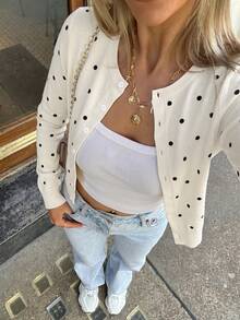 Mori Women's Beige Polka Dot Print Cardigan Knit Short Sweater Jacket, Y2K Style, Button Front, Round Neck, Casual Outfit Vacation Fall - Off White - View 8