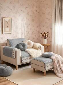 1pc Feather Embroidery Quilted Couch Cover, Sofa Couch Cover, Feather Embroidered Quilted Detail Sofa Towel,Backrest And Armrest Not Included - Grey - View 12