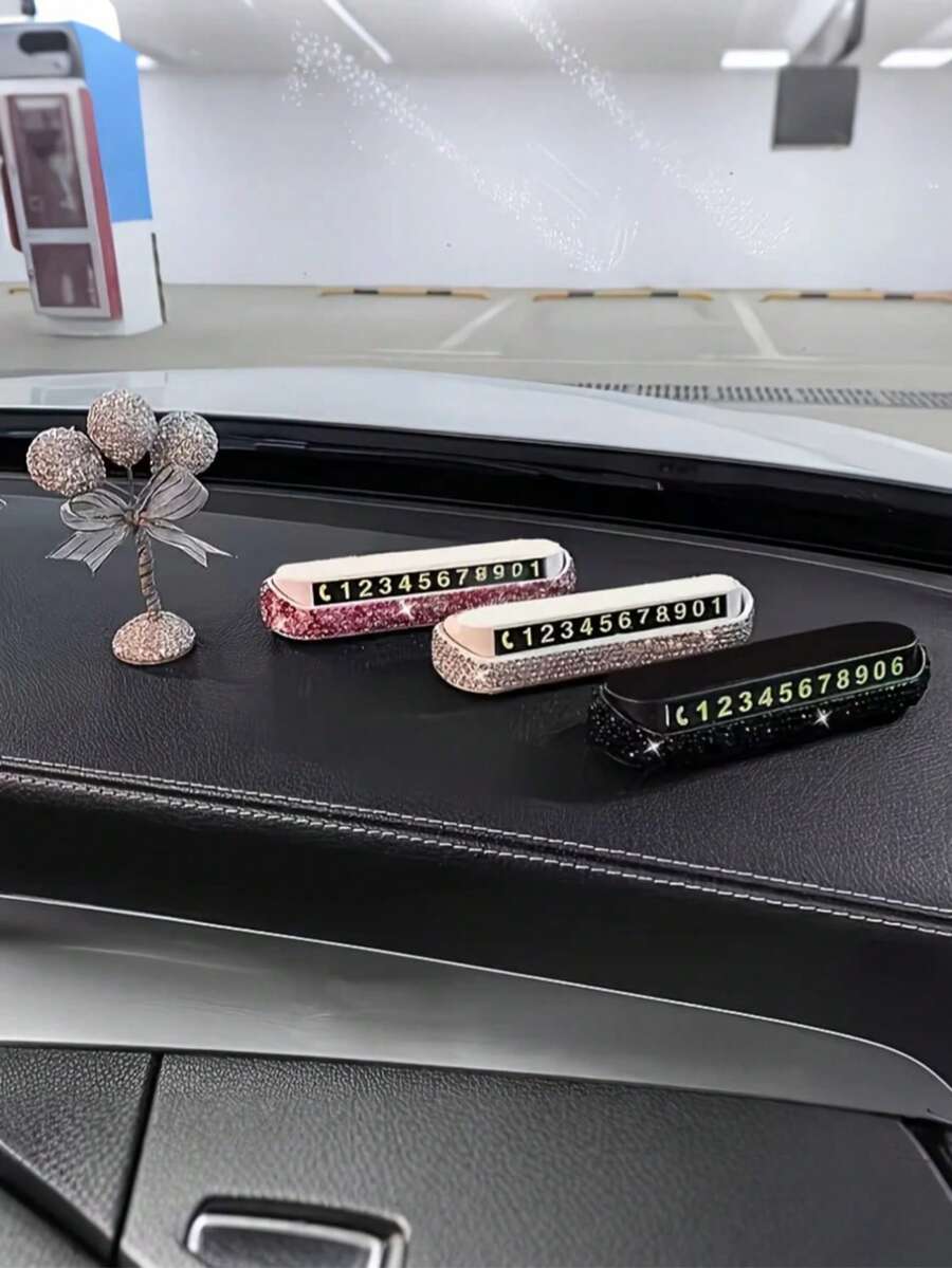 Upgraded Temporary Parking Sign/Phone Number Plate, Creative Car Mobile Card/Car Relocation Phone Number Plate, Retractable Car Decoration, Rhinestone Car Interior Decor - A - View 1
