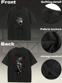 Made Of Washed Pure, Featuring A Loose Fit And Half Sleeves. It Showcases A  Double-Sided Print Of A Blue-Eyed Wolf Head And Key Design - Black - View 4