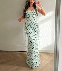 Elegant Green Polka Dot Maxi Dress, Women's Sleeveless Backless Cold Shoulder Charming Cocktail Party Dress, Vintage Style Formal Gown - Green - View 3