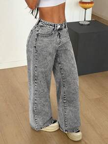 Women's Slimming Distressed Washed Wide Leg Button Pocket Denim Jeans - Light Grey - View 6