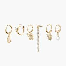 Multi-Style Stackable Earring Set 6 Pieces Rhinestone Butterfly Pearl Hoop Earrings Jewelry Gift For Women Girls Birthday Present - Gold - View 8