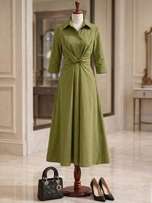 Elegant Fall Maxi Dress With Shirt Collar & Multi-Tie Waist Design, Suitable For Daily Office And Formal Occasions, Autumn Dress - Army Green - View 6