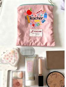 Teacher Appreciation Gift, Large Capacity Portable Makeup Bag, Printed With "Teacher" Text, Makeup Bag, Lining, Perfect For Educators And School Staff, Teacher Thank You Gift, Fashionable Casual Accessory For Travel, Vacation, Daily Commute, Teacher's Day, Portable Storage Bag, Makeup Organizer Bag, Coin Purse, Back To School, Commute, Home Essential. - Multicolor - View 4