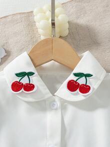 2pcs/Set Girls' Casual Solid Color Short Sleeve Top With Patch Decor Princess Sleeve And Shorts, Spring/Summer - White - View 3